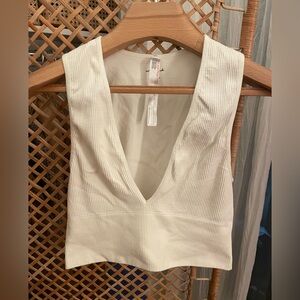 Urban Outfitters Cream Ribbed V-Neck Crop Top